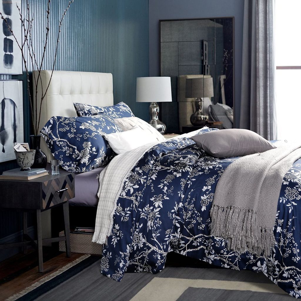 Cotton Egyptian White and Blue Floral Bedding Set