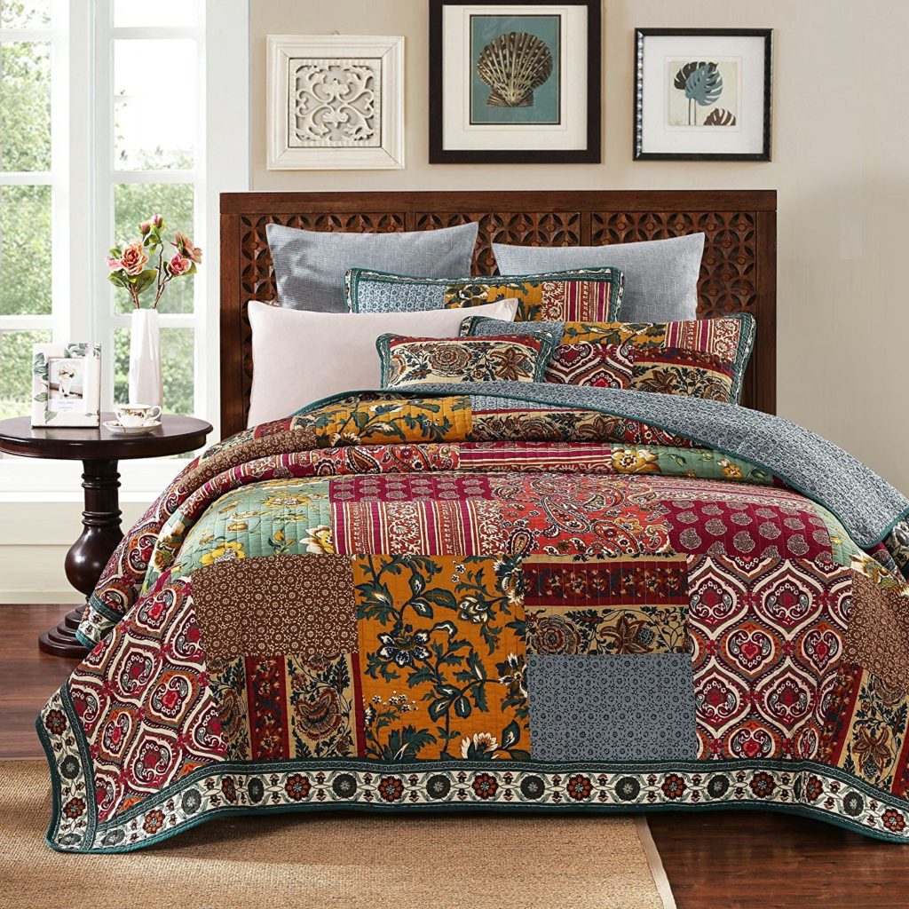 DaDa Bedding Collection Reversible Bohemian Style Bedding Real Patchwork 100% Cotton Dark Elegance 3-Piece Floral Quilt Cover Set, King