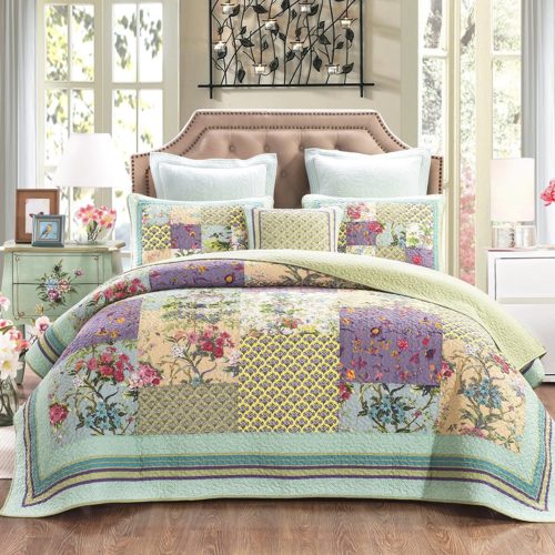 Boho Chic Bedding, DaDa Bedding Frosted Pastel Gardenia Bohemian Reversible Cotton Real Patchwork Quilted Coverlet Bedspread Set - Bright Vibrant Floral Paisley Colorful Blue Lav
