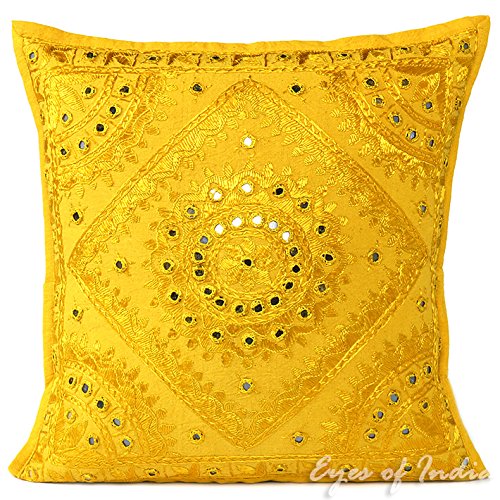 EYES OF INDIA - 16in Yellow Mirror Embroidered Decorative Throw Pillow Cushion Cover Boho Chic Bohemian