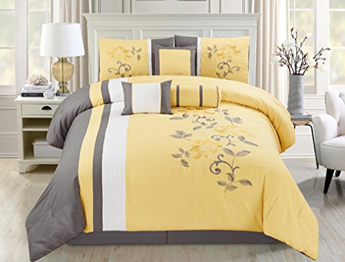 Homemusthaves 7 PC Comforter Set Floral Modern Style with Bed Skirt Pillow Shams Square Pillow Breakfast Cushion Neck Roll King, Yellow Floral Bedding