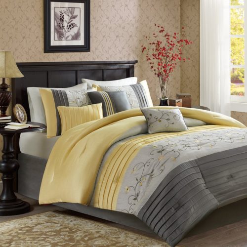 Serene Comforter Set Queen Grey and Yellow Bedding Sets