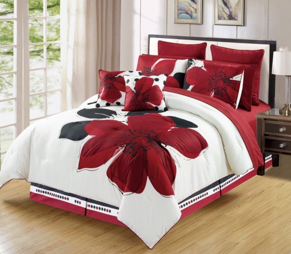 Burgundy Comforter Sets - 12 - Piece Burgundy Red Black White floral Bed-in-a-bag KING Size Bedding + Sheets + Accent Pillows Comforter set