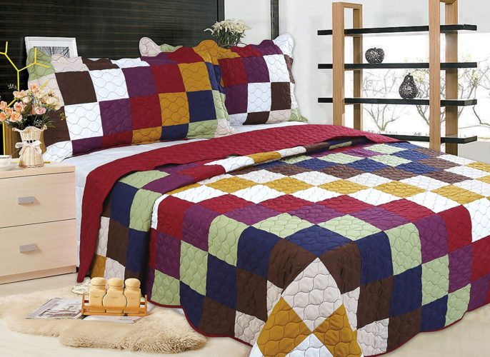 Burgundy Bedspreads - All for You 3-piece Reversible Bedspread Coverlet Quilt Set- OverSize( to the floor)-Real patchwork-Burgundy back (king, California King)