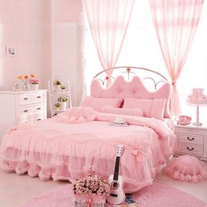 Auvoau Korean Rural Princess Bedding，Delicate Floral Print Lace Duvet Cover，Baby Girl Fancy Ruffle Wedding Bed Skirt，Princess Luxury Bedding Set 4PC (Twin, Pink) - Victorian Bedding Collections