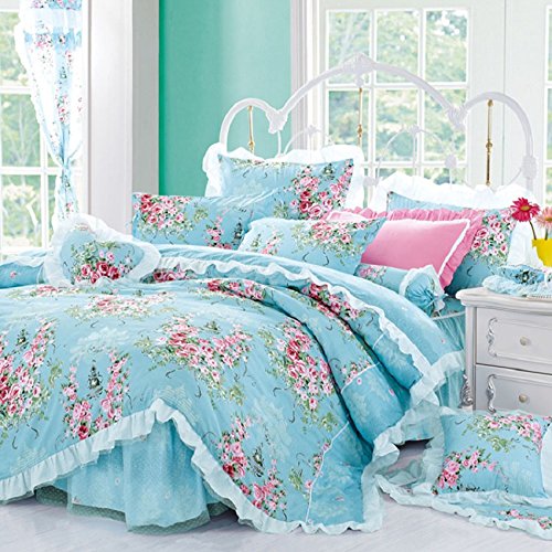 Best Bedding set 4- Piece Cotton Printed Pink Rose Floral Lace Duvet Cover Sets (Duvet Cover+Bed Sheet+Pillow Cases) For Girls Blue Queen - blue shabby chic bedding