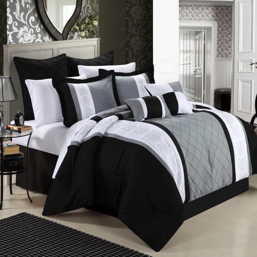 black and white comforter sets queen - Chic Home 8-Piece Embroidery Comforter Set, Queen, Livingston Black