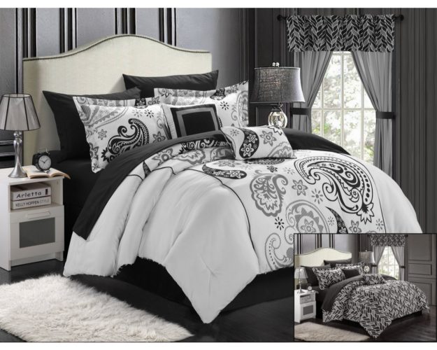 black and white comforter king - Chic Home Olivia 20-Piece Comforter Set Reversible Paisley Print Complete Bed in a Bag with Sheet Set, Window Treatments, and Decorative Pillows, King Black-White