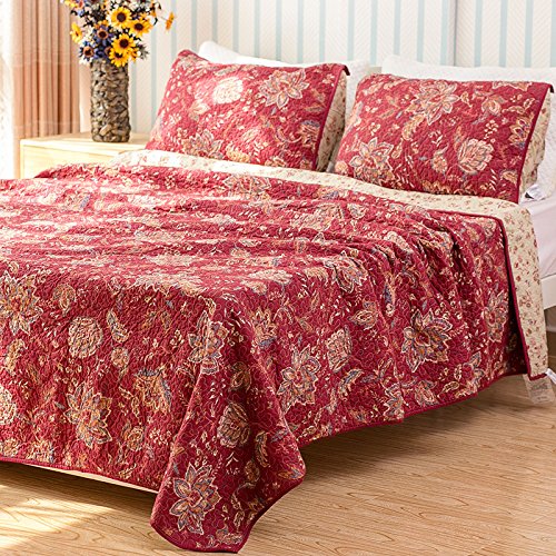 Burgundy Bedspreads - Classic Bedding Sets 3 Pieces Cotton Printing Floral Patchwork Quilt Set Queen King Red