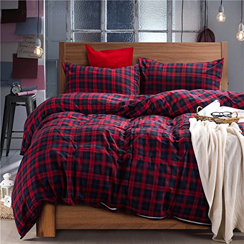 Deep Sleep Home 100% Cotton Flannel Fabric 300 Thread Count Percale Dark Red Blue Plaid Design 4pc Duvet Cover Set Christmas Gift Wrinkle Resistance Full-Queen Size(Queen, Dark Red-ED