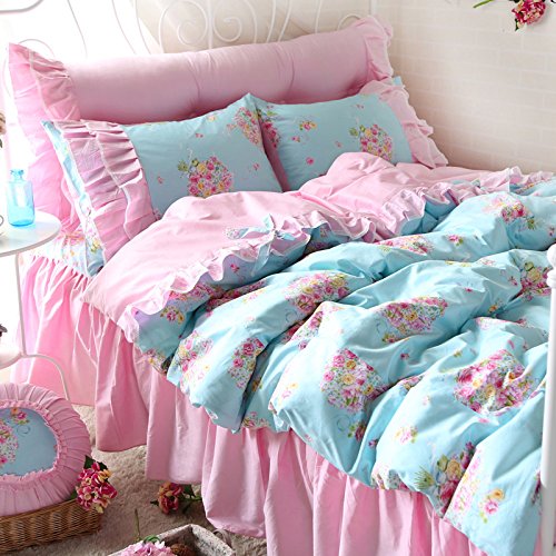 FADFAY Rose Floral Print Bedding Set Pink Ruffle Blue Bed Duvet Cover Sets Teen Girls Bedroom Sets Queen 4PCS - shabby chic vintage bedding collections