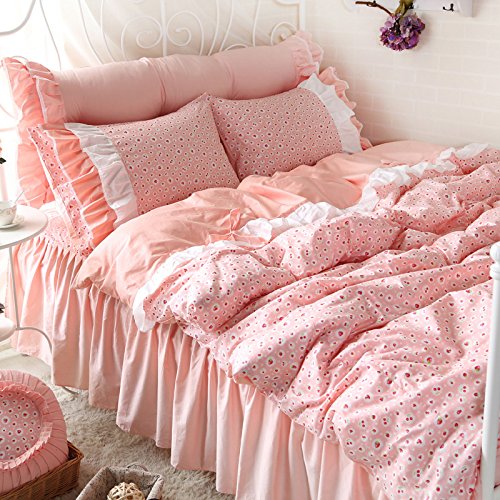 FADFAY Strawberry Shabby Pink Bedding Set Ruffled Teen Girls Cotton Duvet Sets 4PCS Queen - shabby chic vintage bedding collections