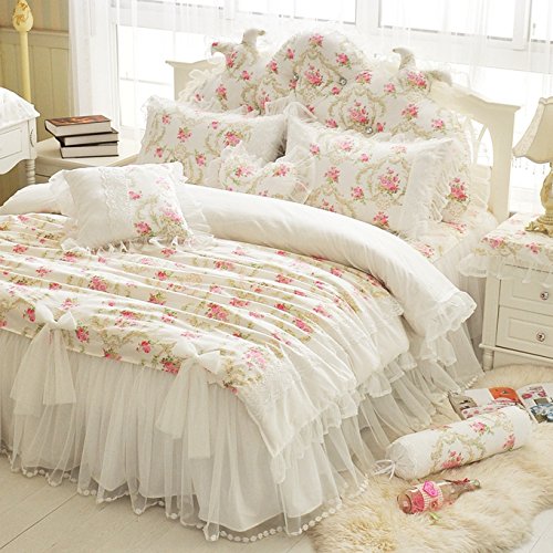 LELVA Girls Bedding Set Lace Ruffle Duvet Cover Princess Bedding Set Vintage Floral Print Duvet Cover Twin Full Queen King (Twin, White) - victorian bedding collections