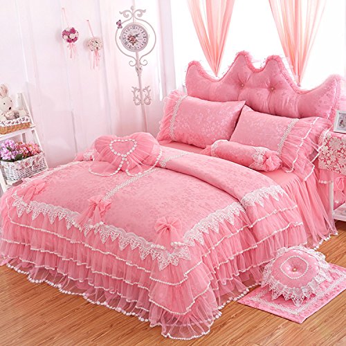 LELVA Girls Bedding Set Ruffle Lace Bedding Set Bedding Set Beautiful Princess Wedding Bedding Set (Twin, Pink) - victorian bedding collections
