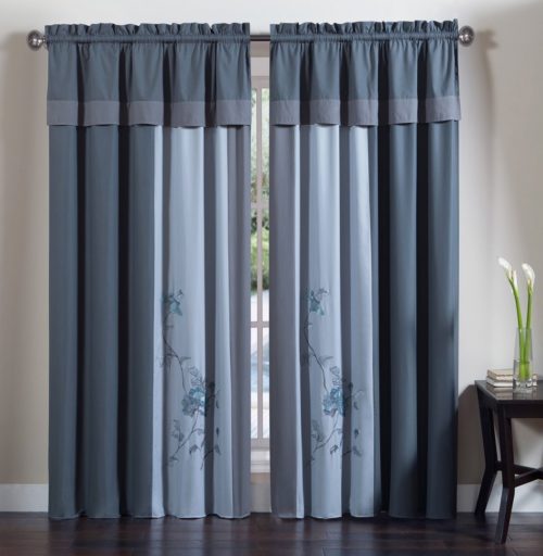 Chezmoi Collection 4-Piece Embroidered Floral Window Curtain Set with Tassels, Gray Blue Curtains