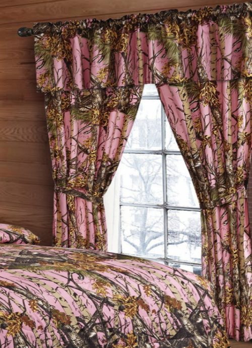 20 Lakes Woodland Hunter Camo Valance, Panels, & Tie Backs Curtain Drape Set Five Pieces (Pink)