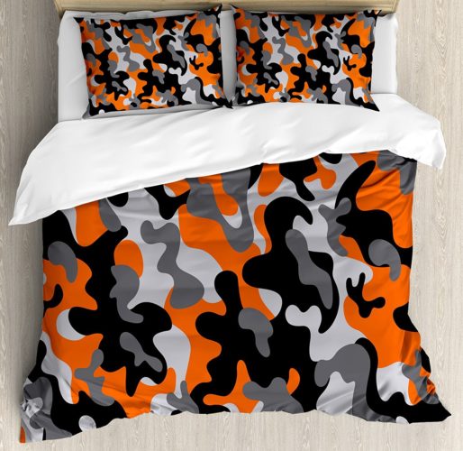 Military Camo Bedding Sets - Camo Duvet Cover Set by Ambesonne, Vibrant Artistic Camouflage Lattice Like Military Service Combat Theme Modern, Queen - Full, Orange Grey Black