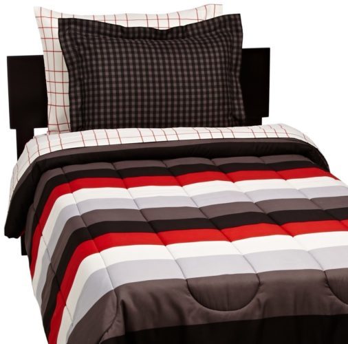 twin xl bedding sets for dorms - AmazonBasics 5-Piece Bed-In-A-Bag, Twin-Twin XL, Red Simple Stripe