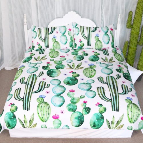 Arightex Green Cactus Pattern Bedding Sets Watercolor Cactus Collection Duvet Cover 3 Pieces Tropical Plant Bedspread Hand Painted Design Home Decor (Twin)