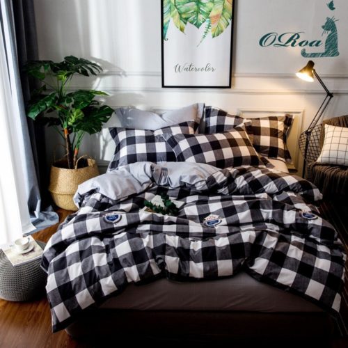Dorm Bedding Sets - ORoa 3 Piece Duvet Cover and Pillow Shams Bedding Set Twin Cotton 100 for Kids Boys, Print Plaid Pattern White Black