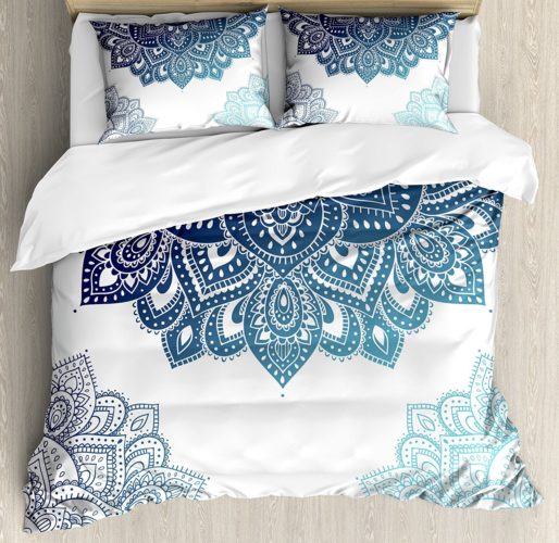 Ambesonne Henna Duvet Cover Set Queen Size, South Asian Mandala Design with Vibrant Color Ornamental Ethnic Illustration, Decorative 3 Piece Bedding Set with 2 Pillow Shams, Dark Blue Pale Blue