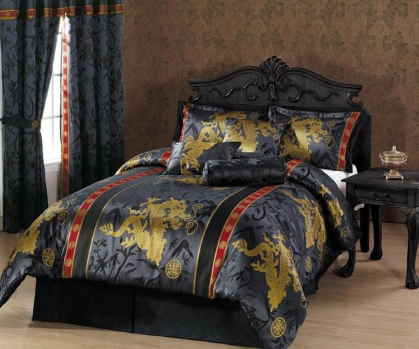 Oriental Comforter Set - Chezmoi Collection 7-Piece Palace Dragon Jacquard Comforter Set, King, Black-Gold-Red