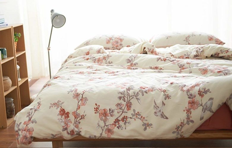 Garden Chinoiserie Floral Duvet Quilt Cover Asian Porcelain Style Tree Blossom and Birds Blue and White Watercolor Pattern 300tc Cotton Percale 3pc Bedding Set (Queen, Cream Red)