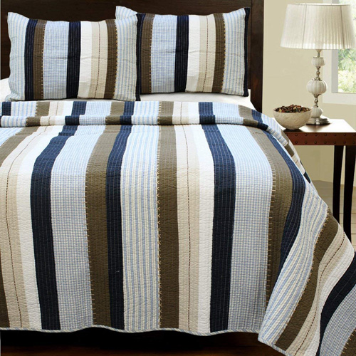 Cozy Line Home Fashions Nathan Quilt Bedding Set, Navy Blue White Brown Plaid Striped 100 percent Cotton, Reversible Coverlet, Bedspread Set, Gifts for Boy Men Him Nathan Patchwork, Queen -3 piece at lux comfy bedding