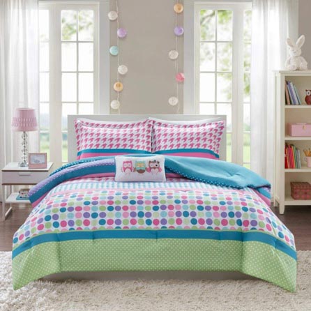 4pc Girls Rainbow Polka Dot Theme Comforter Full Queen Set, Circle Small Dots Themed, Horizontal Stripe Pattern, Pink Purple Blue Teal Green Aqua, Polkadot Houndstooth Plaid Bedding