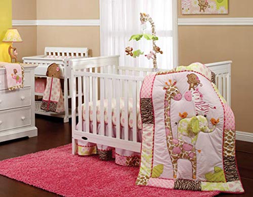 Carter's Jungle Collection 7-Piece Nursery Crib Bedding Set, Pink/Lime/Brown/Tan