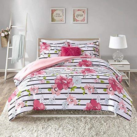 Comfort Spaces Zoe 4 Piece Comforter Set Printed Striped Floral Design with Faux Long Fur Decorative Pillow Bedding, Full/Queen, Pink