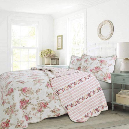 Cozy Line Home Fashions Floral Peony Romantic Pink Ivory Flower Printed 100% Cotton Reversible Coverlet Bedspread Quilt Bedding Set for Women Girl (Pink,Queen - 3 Piece)