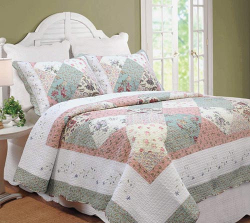 Cozy Line Home Fashions Floral Real Patchwork Tiffany Green Pink Lilac Scalloped Edge Country 100% Cotton Quilt Bedding Set, Reversible Coverlet Bedspread for Women (Celia, King - 3 Piece)
