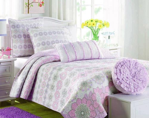 Cozy Line Home Fashions Orchid Lola Bedding Quilt Set, Floral Pink Light Purple Grey Flower Print, 100% Cotton Reversible Bedspread, Coverlet for Kids Girls (Orchid Sunflower, Twin - 2 Piece)