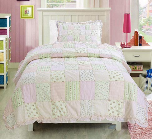 Cozy Line Home Fashions Peach Lace Floral Pink Green Orchid Rose Flower Printed Patchwork 100% Cotton Quilt Bedding Set Bedspread Coverlet Gifts for Baby/Little Girls (Pink, Twin - 2 Piece)