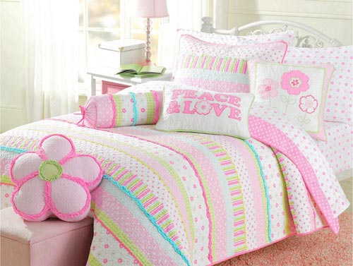 Cozy Line Home Fashions Pink Greta Pastel Polka Dot Green Blue Stripe Flower Pattern Printed Cotton Bedding Quilt Set, Reversible Coverlet, Bedspread for Kids Girls (Pastel Set, Full/Queen -3 Piece)