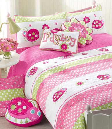 Cozy Line Home Fashions Pink Ladybug Lemongrass Green Dot Fuchsia Flower Embroidered Pattern Bedding Quilt Set, 100% Cotton Bedspread Coverlet (Ladybug, Queen - 3 Piece: 1 Quilt + 2 Standard Shams)