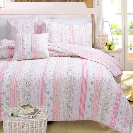 Cozy Line Home Fashions Pink Rose Romantic Lace Floral Flower Printed 3D Stripe Cotton Bedding Quilt Set Reversible Coverlet Bedspread for Girls Women(Pink Lace, Twin - 2 Piece)