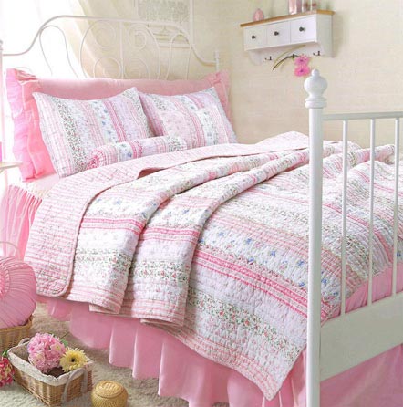 Cozy-Line-Home-Fashions-Pink-Rose-Romantic-Lace-Floral-Flower-Printed-3D-Stripe-Cotton-Bedding-Quilt-Set-Reversible-Coverlet-Bedspread-for-Girls-Women(Pink-Lace,-Twin---2-Piece)