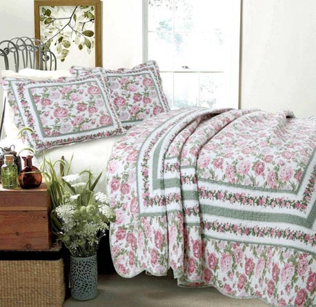 Cozy Line Home Fashions Rose Bush Quilt Bedding Set, Pink Rose Blooming County Floral Flower Printed 100% Cotton Reversible Coverlet Bedspread Gifts for Women (Garden, Queen - 3 Piece)