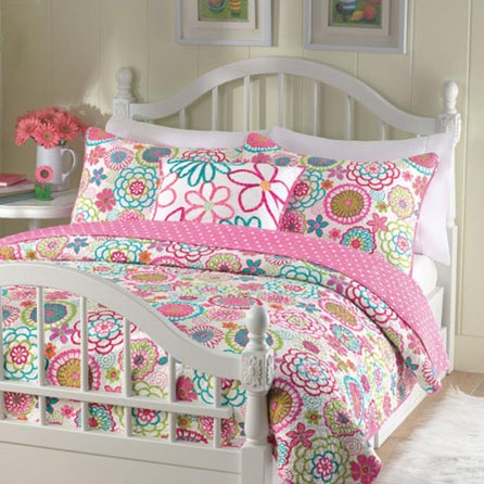 Cozy Line Pink Floral 2-Pcs Quilt Sets Reversible Polka Dot Little Girl Bed (Pink Floral, Full/Queen - 3 Piece)