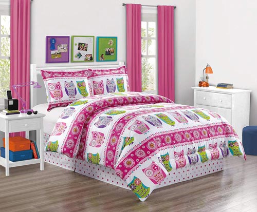 Girls Kids Bedding-Owl Design Polka Dot Tween Teen Dream Bed In A Bag. (Double) FULL SIZE 4 - Piece Comforter set-Love, Hearts-Hot Pink, Purple, Blue, Green and White