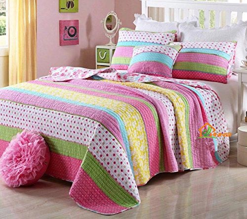 HNNSI Queen Size Kids Girls Comforter Quilt Sets 3 Pieces, Pink Dot Striped Comfy Cotton Girls Bedspread, Pretty Girls Bedding Set