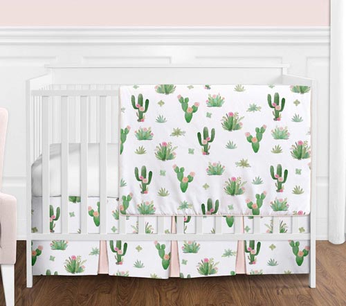 Baby room Pink and Green Boho Watercolor Cactus Floral Baby Girl Crib Bedding Set without Bumper by Sweet Jojo Designs - 4 pieces