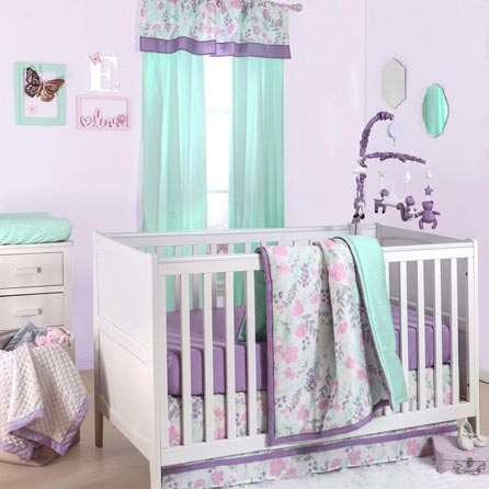 Pink and Purple Floral and Mint Dot 3 Piece Crib Bedding by The Peanut Shell