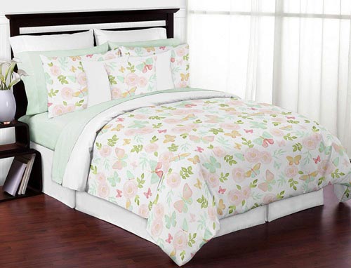 Sweet Jojo Designs Blush Pink, Mint and White Shabby Chic Butterfly Floral Girl Full/Queen Kid Teen Bedding Comforter Set - 3 Pieces - Watercolor Rose, Green, Gold