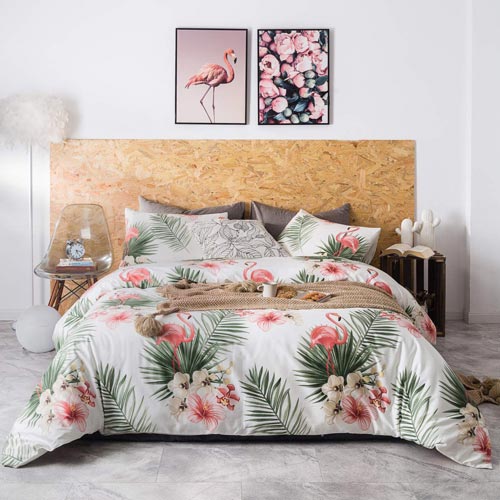 YuHeGuoJi 3 Pieces Green Leaves Duvet Cover Set 100% Egyptian Cotton Queen Size Colorful Floral Bedding with Zipper Ties 1 Pink Flamingo Print Duvet Cover 2 Pillowcases Luxury Quality Soft Breathable