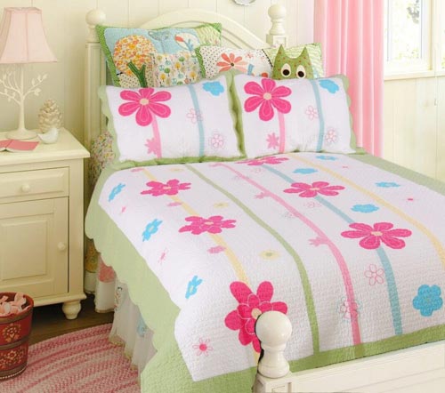 Cozy Line Home Fashions Spring Fling Flower Embroidery Bedding Quilt Set, Floral Pink Blue Green Print, 100% Cotton Reversible Bedspread, Coverlet for Kids Girls (Green Flower, Twin - 2 Piece)