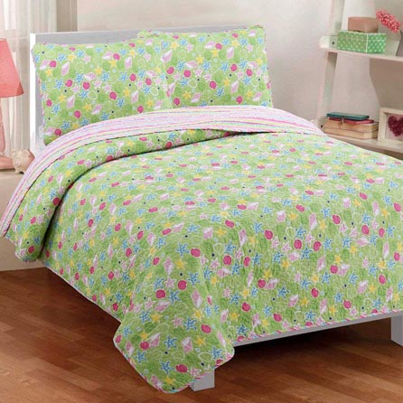 Cozy Line Home Fashions Green Ocean Bedding Quilt Set, Pink Blue Yellow Scallop Sea Star Print, 100 percent Cotton Reversible Bedspread, Coverlet for Kids Girls (Green Ocean, Twin - 2 Piece)