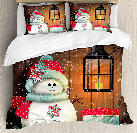 Christmas Bedding Gift Ideas - Ambesonne Christmas Duvet Cover Set, Snowman with Santa Hat in The Garden with a Gift Box and Lantern Image, Decorative 3 Piece Bedding Set with 2 Pillow Shams, Queen Size, White Brown